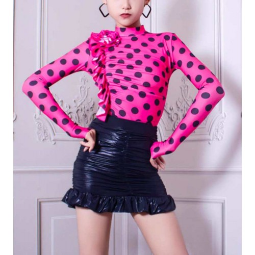 Girls kids navy fuchsia pink polka dot ballroom latin dance dresses for children long sleeves salsa rumba chacha stage performance costumes for children